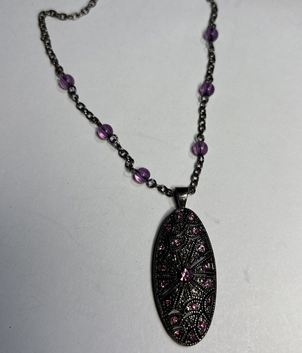 Purple Rhinestone Oval Filigree Pendant Necklace Gunmetal Tone Beaded Chain